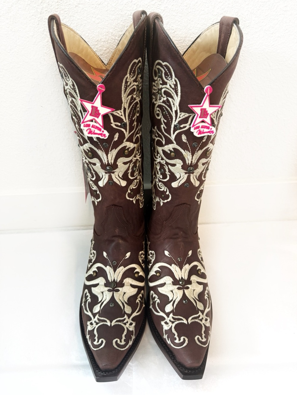Los Altos Women’s Embroidered Crystal Stud Cowboy Boots NEW Brown Leather 8.5